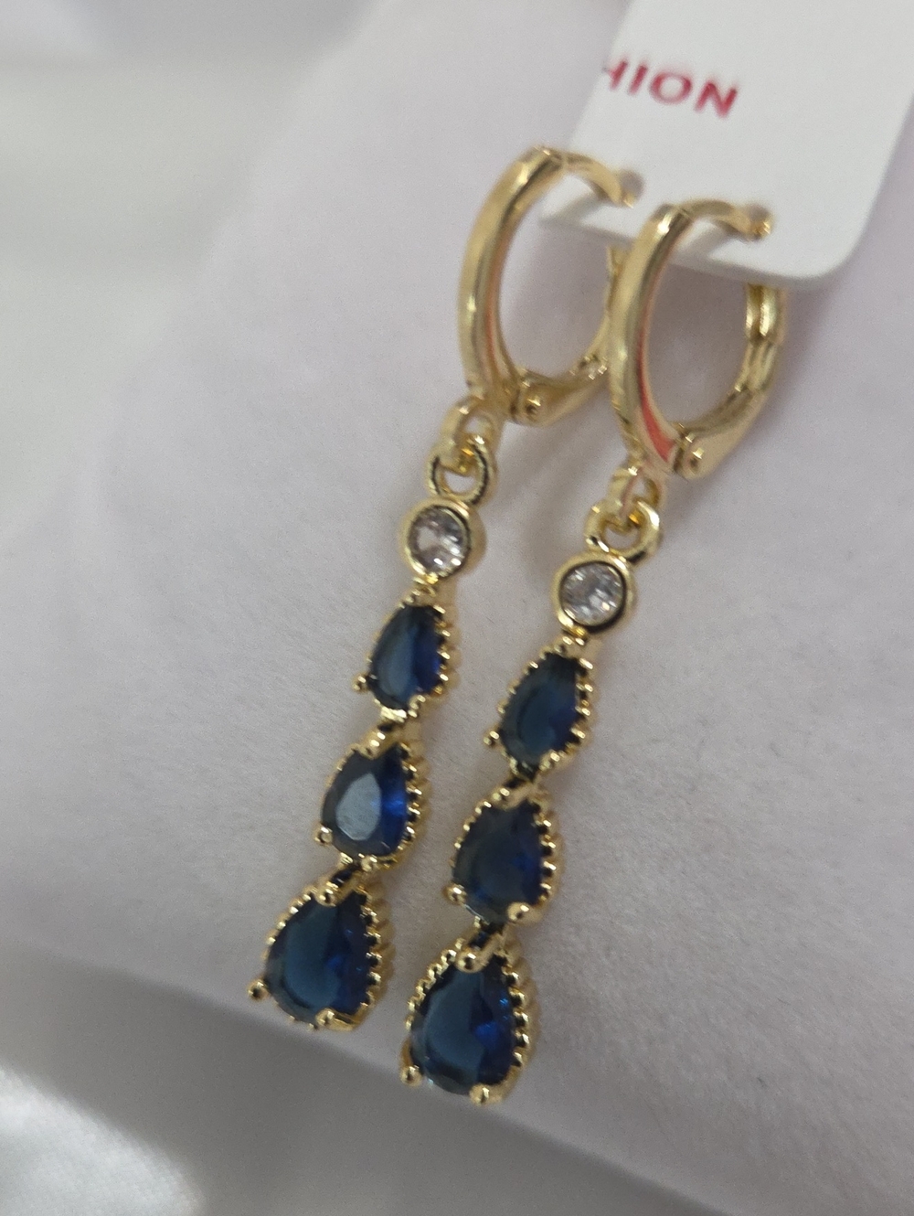 14k Laminated Gold  Drop Earrings with Blue Teardrop Crystals